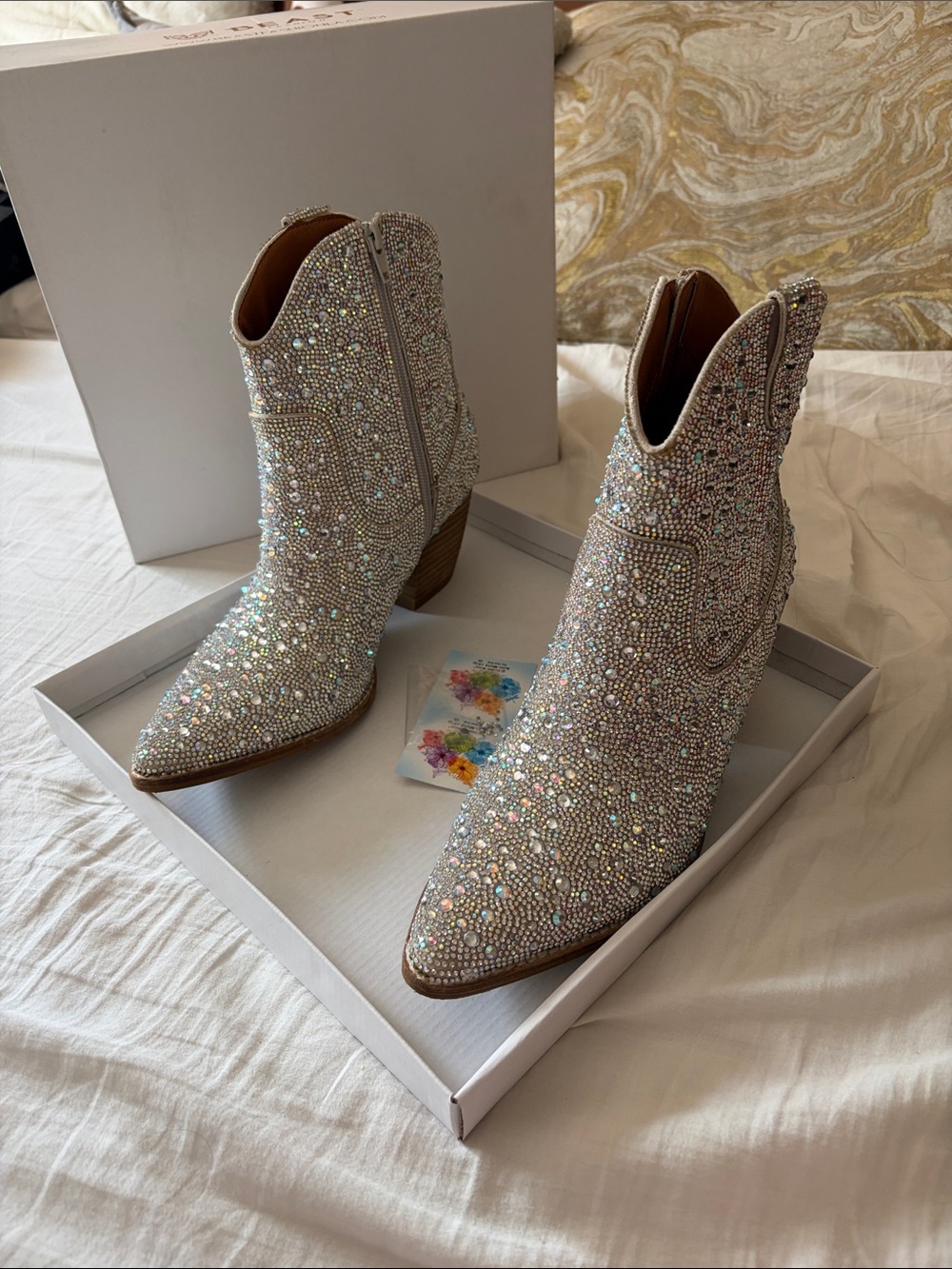 BEAST FASHION Iridescent Crystal Embellished Ankle Boots - White